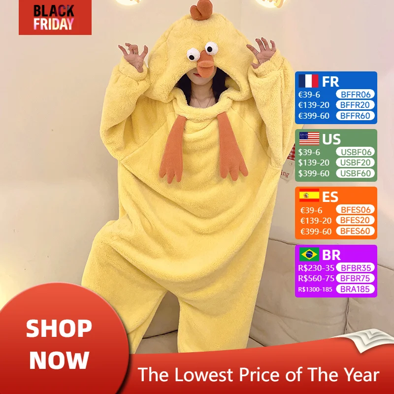 Funny Adult Pajamas Onesie For Women Men Cartoon Chick Winter Thicken Hooded Jumpsuits Soft warm Home Wear Pijamas Onesies