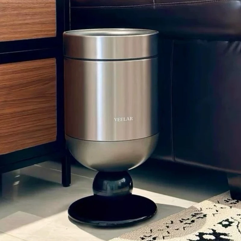 2026 New Stainless Steel Trash Can Mid Century Red Garbage Can High Foot Wine Glass Design Waste Bin for Living Room Decor