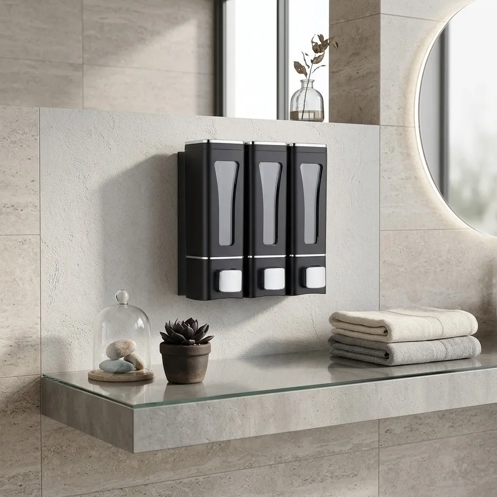 Shampoo Dispenser for Shower Wall Mounted 3 Compartment 400ml Each 1200ml Total ABS Construction Transparent View