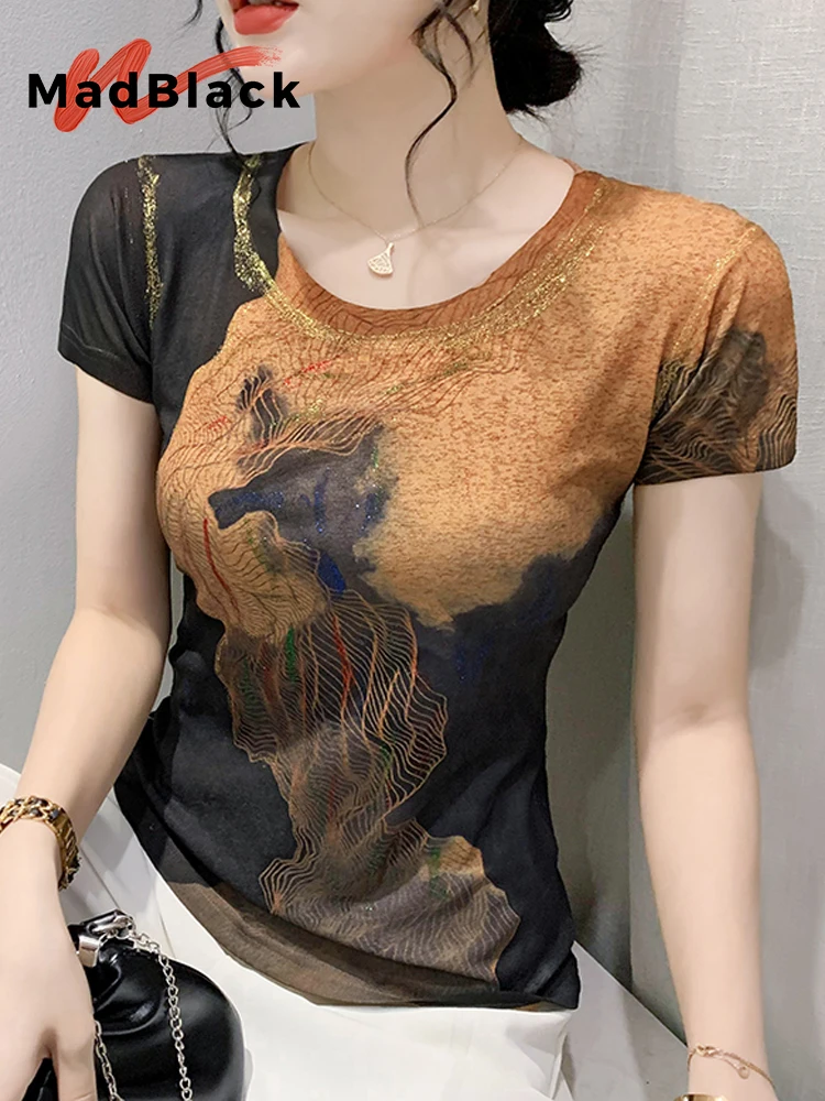 MadBlack Summer European Clothes Tshirts Women Sexy Gilding Printing Streetwear Slim Tops Short Sleeve Tight Tees 2024 T35932C