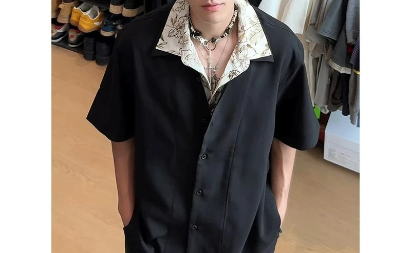 Summer Retro Fake Two-piece Short-sleeved Shirt Men's Design Sense Splicing Casual Versatile Shirt Jacket