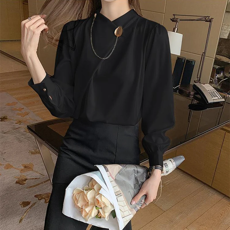 Einfarbig Elegante Langarm Arbeit Tragen Hemd Frauen Mode Unregelmäßige Ästhetische Oansatz Shirts Neue Temperament Ol Formale Hemd