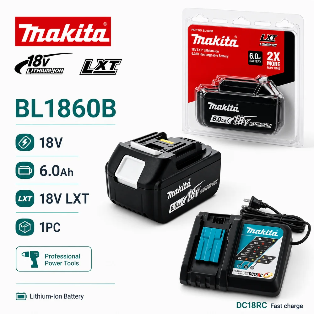 6,0 Ah BL1815 BL1830B BL1860B Original Makita Li-Ion-Akku für 18V LXT-Werkzeuge, kompatibel mit BDF453SHE, BDF454Z und BHP452, nur Akku oder DC18RC Schnellladeoptionen, Papierbox oder
