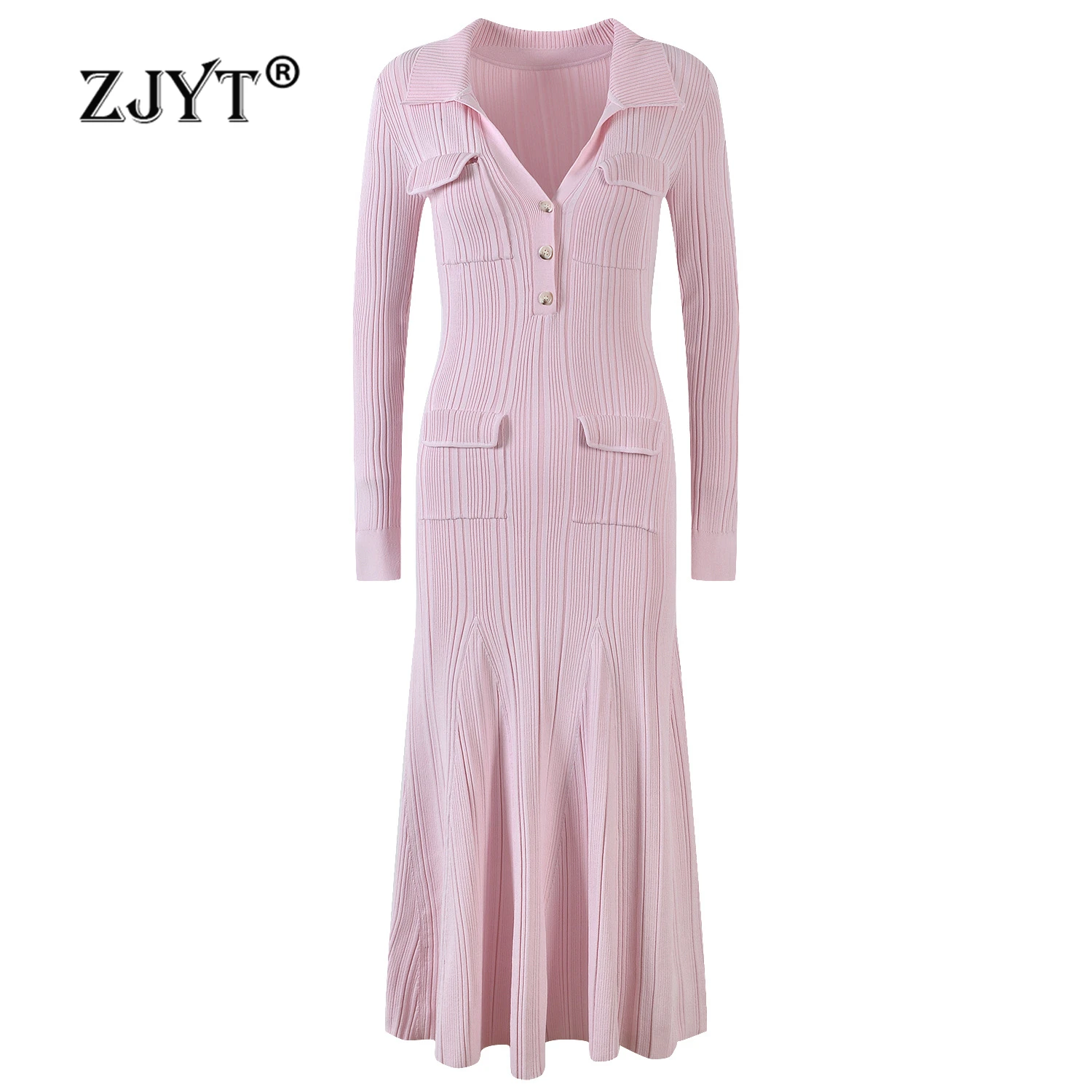 

ZJYT Women's Long Sleeve Mermaid Knitting Dresses Elegant Autumn Winter Sweaters Turn Down Collar Slim Midi Party Dress Pink