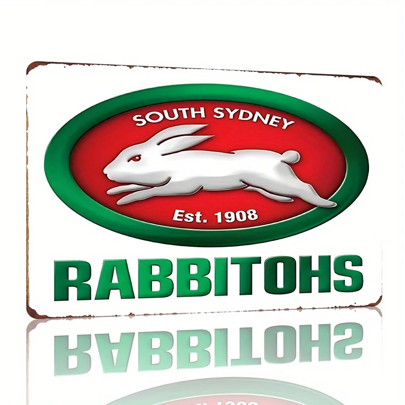 South Sydney Rabbitohs Rugby League Team Vintage Metal Tin Sign  - Retro Wall Art with Leaping Rabbit Logo & EST. 1908, Durable