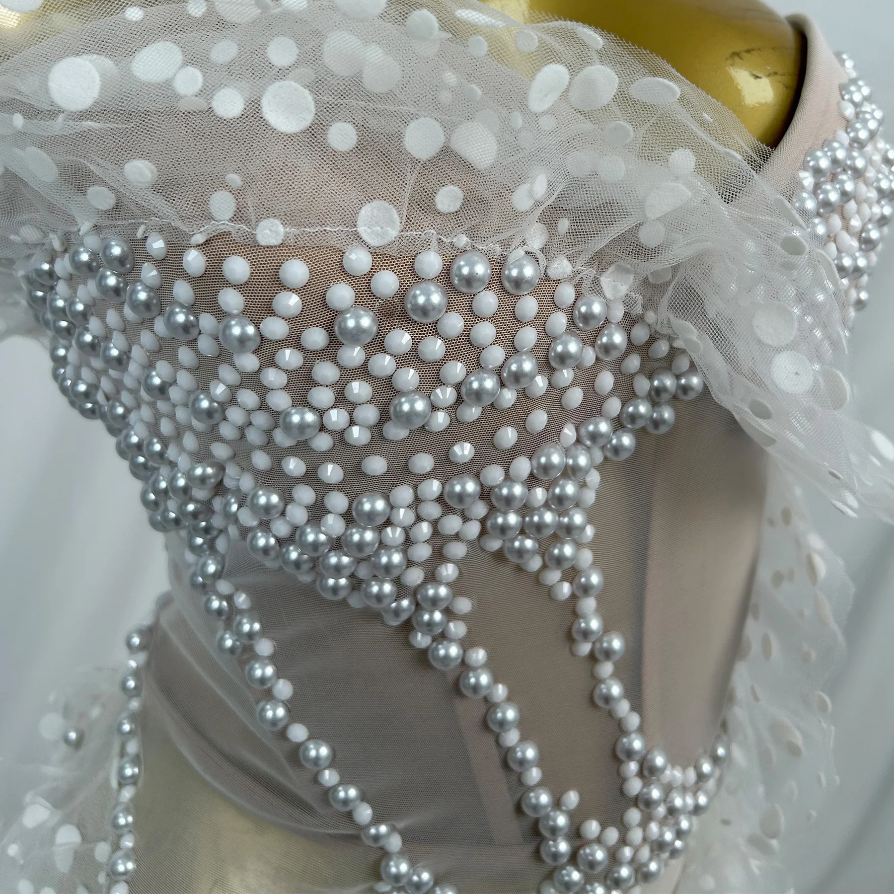 Naitang Elegant Nude Base Sheer Mesh Strapless Bodycon Dress Cover White Pearls Wavy Polka Dot Tulle Ruffle Hem Birthday Dress