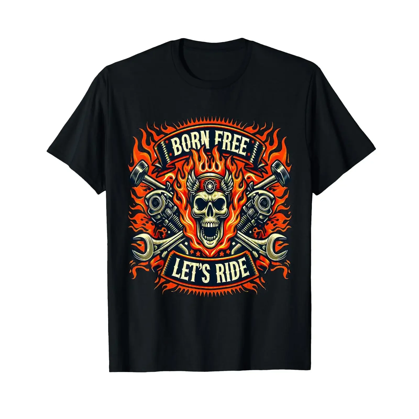 Born Free Let s Ride Skull Biker Flames Pistons Wrenches T Shirt vintage Washed designer clothes Comfortable Soft Casual homme