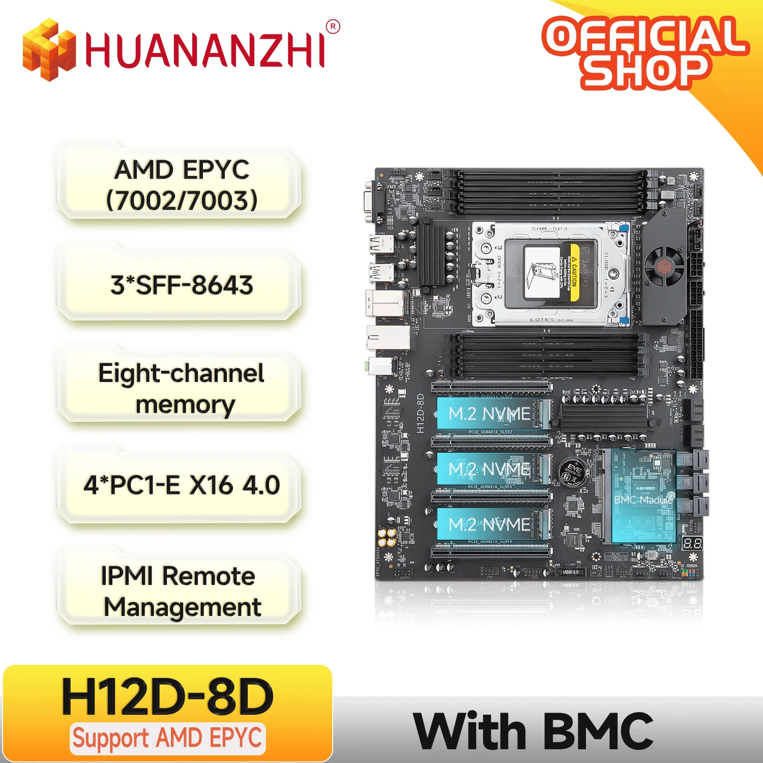 

HUANANZHI H12D 8D AMD Motherboard with BMC module support AMD EPYC 7002 7003 series CPU 8 channel memory Dual 2.5G network IPMI