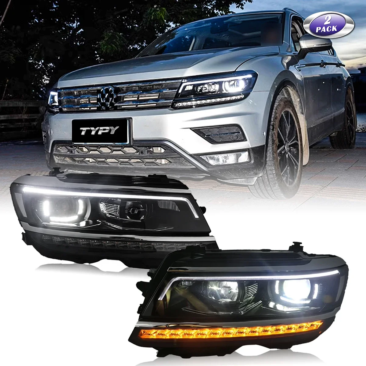 

Полностью светодиодный автомобильный фонарь TYPY для Volkswagen VW Tiguan, фары в сборе 2017-2021, ангельские глазки, DRL, последовательный указатель поворота