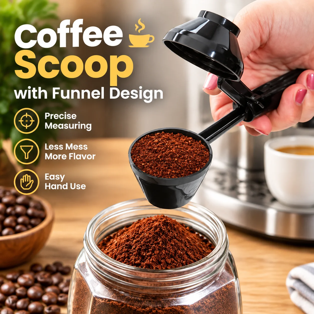 Coffee Scoop with Funnel Design for Ground Coffee Powder, Precise Measuring Spoon for Espresso Maker and Brewer, Hand Use