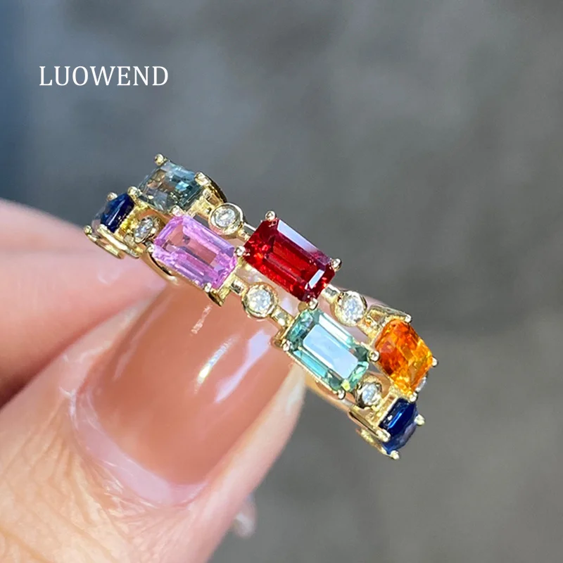 LUOWEND 100% 18K Yellow Gold Rings Elegant Rainbow Design Real Natural Aquamarine Engagement Ring for Women High Wedding Jewelry