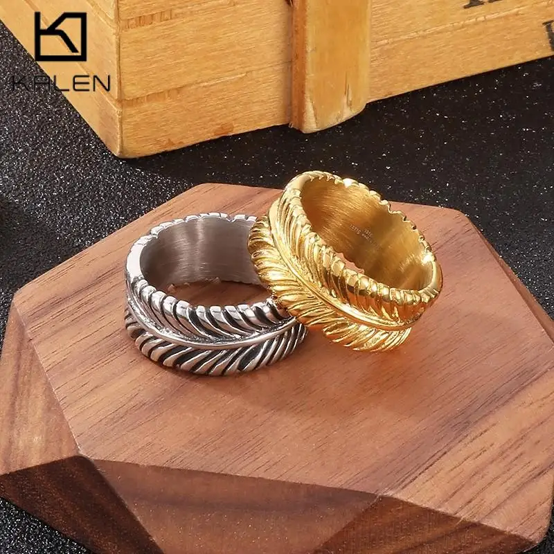 KALEN Personality Stainless Steel Feather Ring for Men Women Punk Color Gold Round Finger Ring Trendy Jewelry Anillos Charm Gift