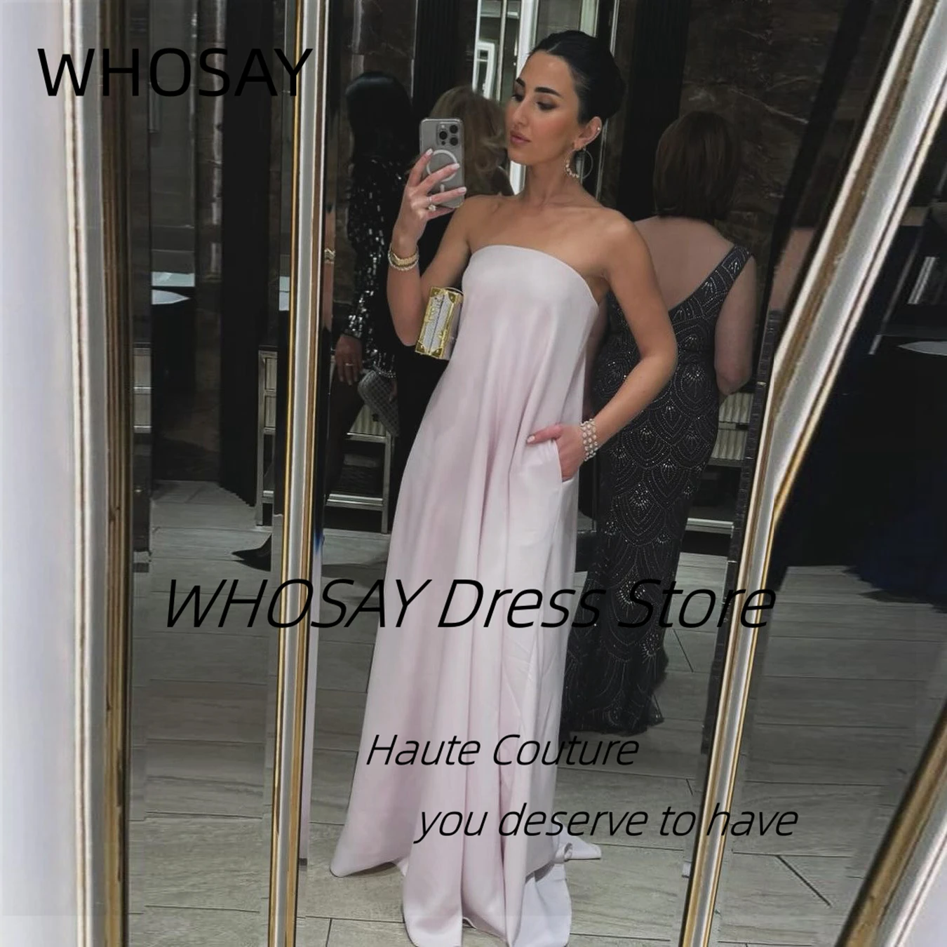 

WHOSAY Simple Strapless Prom Dresses with Pockets Sexy Backless Long Maid of Honor Wedding Party Evening Bnquet Wear