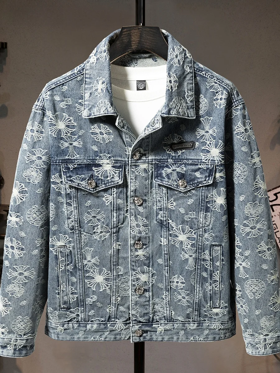 

American Sle Heavyweight Embroidered Denim Jaet Men's Trendy Design Cool Haome High Street Outerwear Cotton Polyester ...