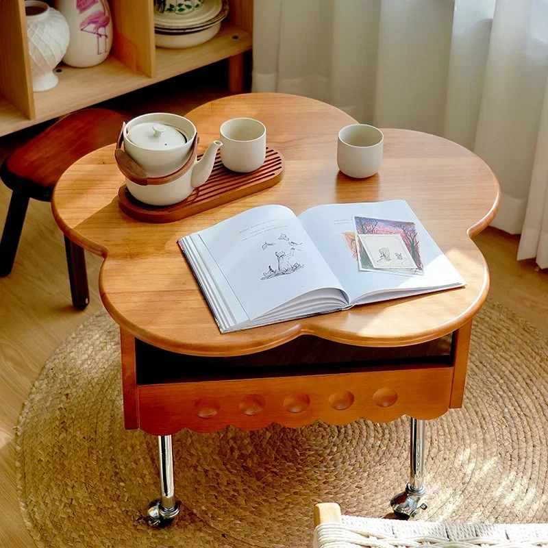 French medieval solid wood coffee table movable lifting household creative bedside table storage