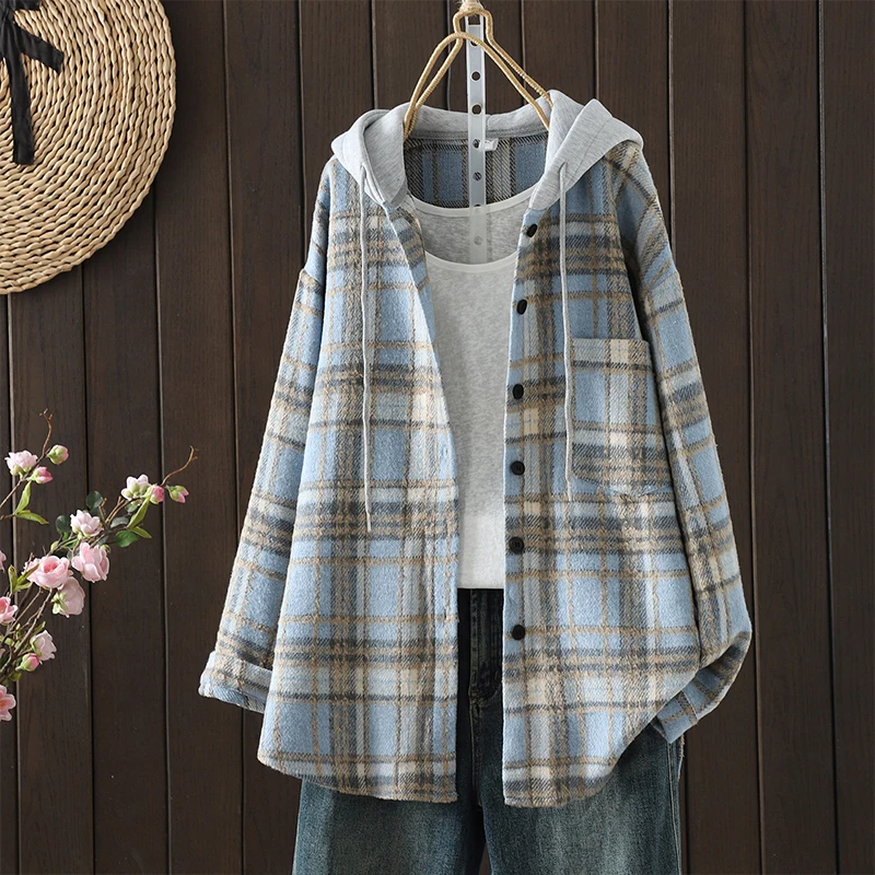 

Ретро Гонконг Sle Thiened Свободный длинный све с капюшоном irt Jaet в клетку на одной пуговице Высококачественная женская повседневная одежда