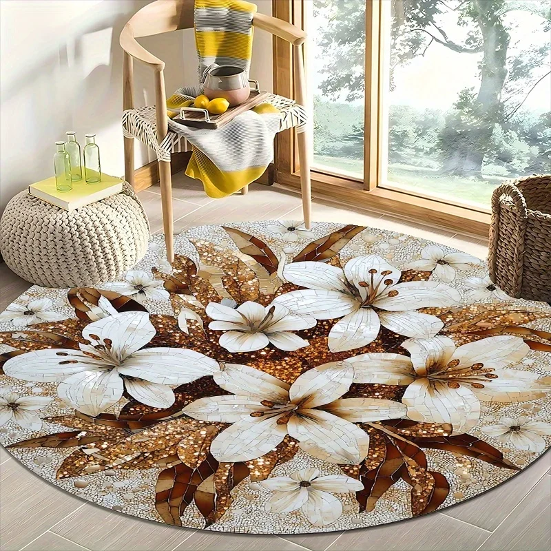 White lilies are in full bloom Flannel-printed round floor mats are slip-resistant Suitable living room terrace garden carpets
