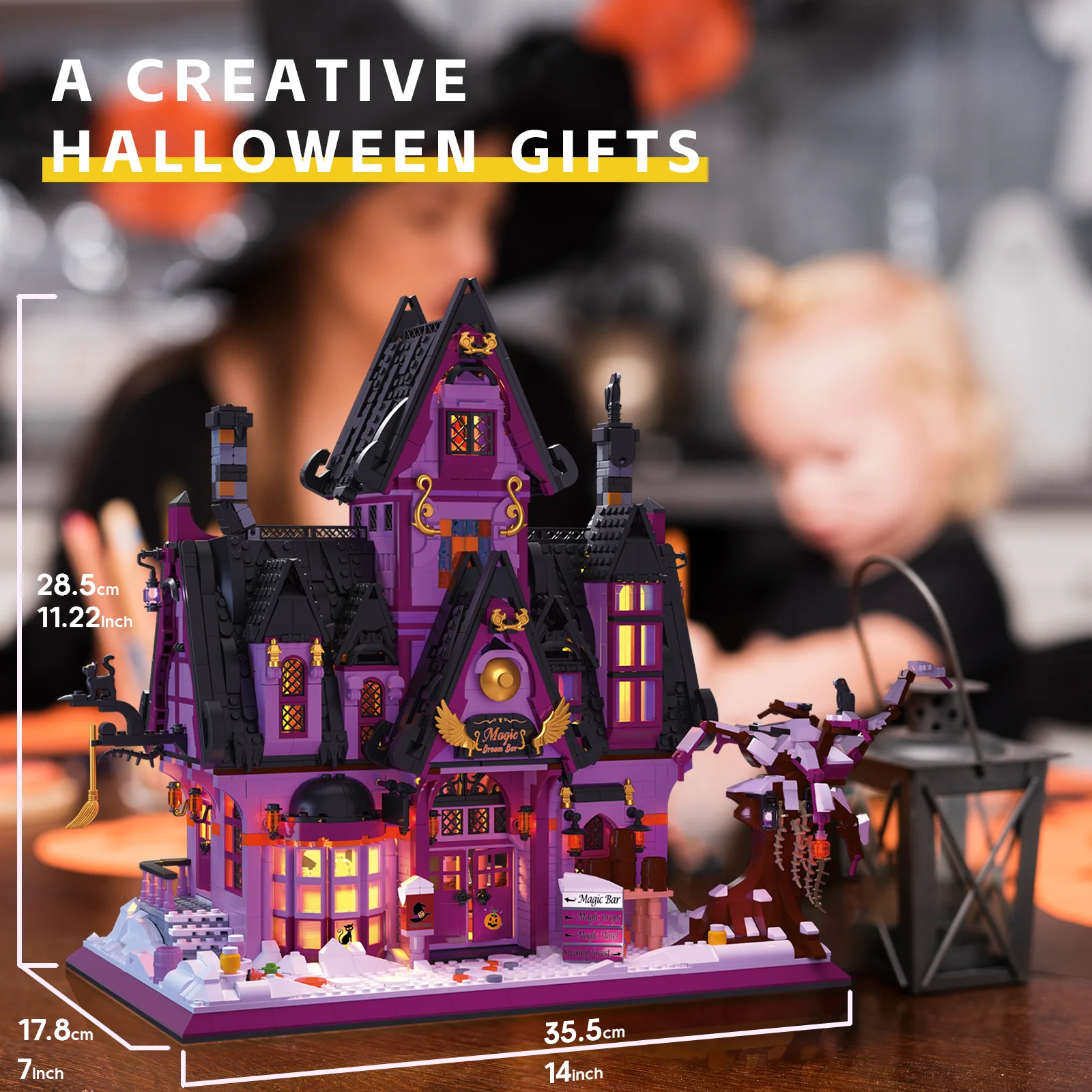 Set bata Mini untuk anak-anak, blok bangunan Bar ajaib Kreatif tampilan jalan kota Model MOC dengan lampu DIY hadiah Halloween 2639 buah