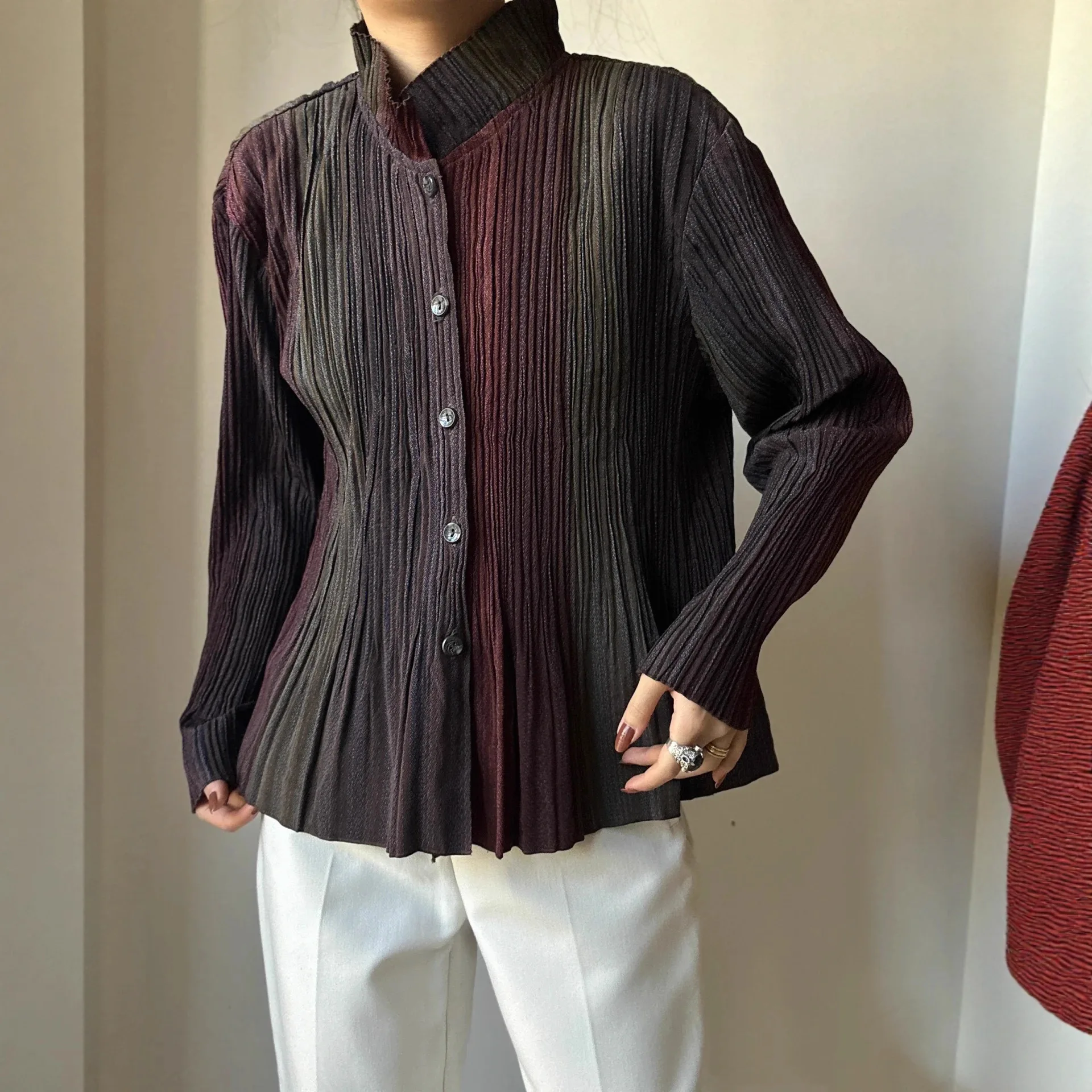 

Miyake Pleated Single Breasted Stand Collar Shirts Women Korean Fashion Casual Loose Tops Button Blouse