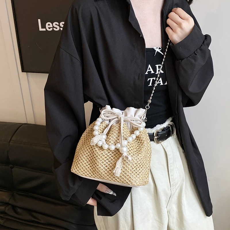 Grass Woven Small Bag Advanced Feeling Pearl Handbag Drawstring Opening Versatile Fashion Good-looking Chain Shoulder Bag