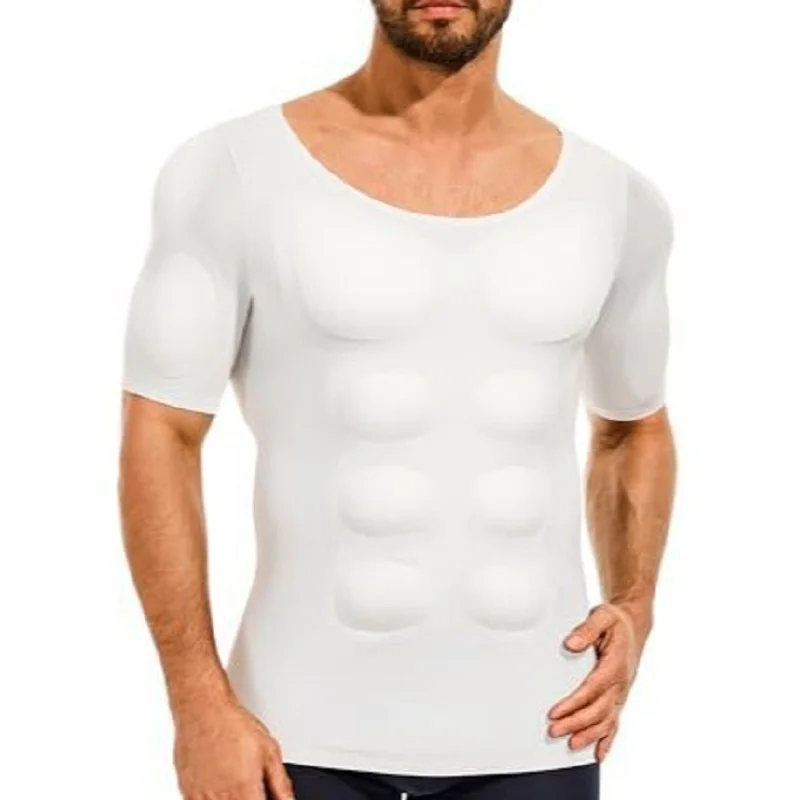 Men Fake Muscle Compression Shirt Invisible Abs Chest Pads Slim Tummy Control Seamless Short Sleeve Body Shaper Undershirt