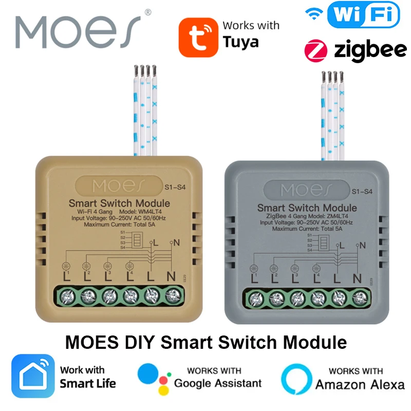 

Умный переключатель MOES Tuya, модуль Wi-Fi/Zigbee 3/4 группы, работает с Alexa Google Home, таймер, голосовое управление, переключатель домашней автоматизации «сделай сам»