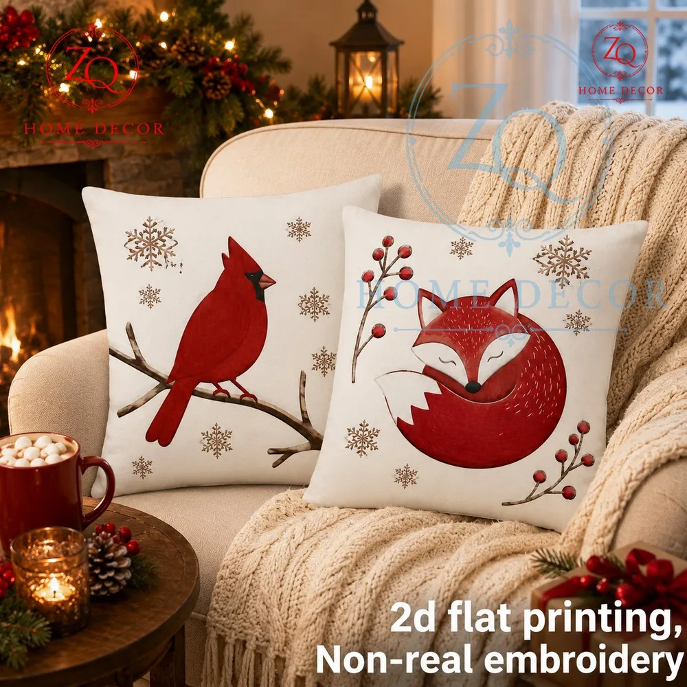 This Christmas pillowcase feuring a red finches  a sleeping fox paired with warm brown snowflakes  red beans