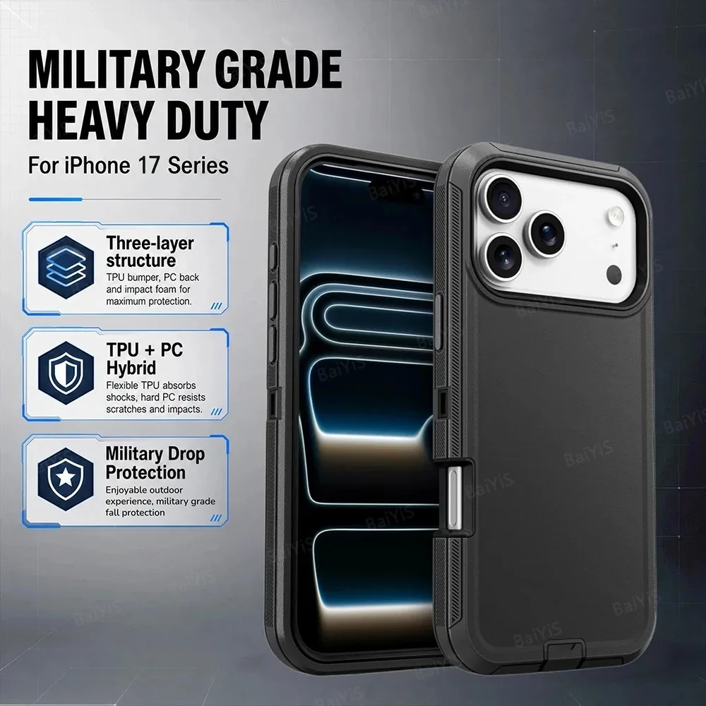 Rugged Ott Armor Shockproof Defender Phone Case for iPhone 17 16 15 14 13 12 11 Pro Max 16E Hard Drop Proof Back Cover Funda