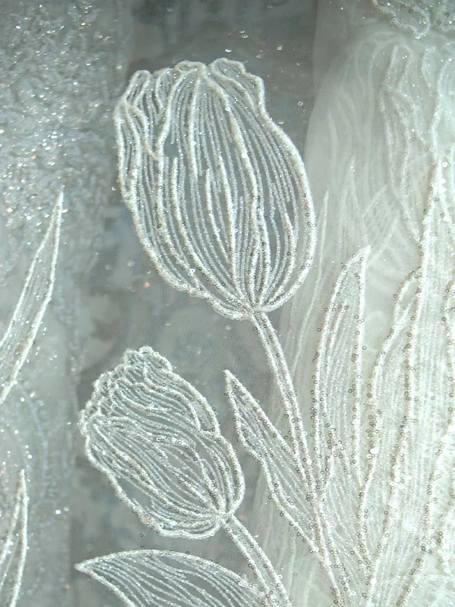 

White Tulle Fabric With Sequin Flower Embroidery Mesh For Bridal Dress Wedding Veil Evening Gown Textile Material Luxury Craft