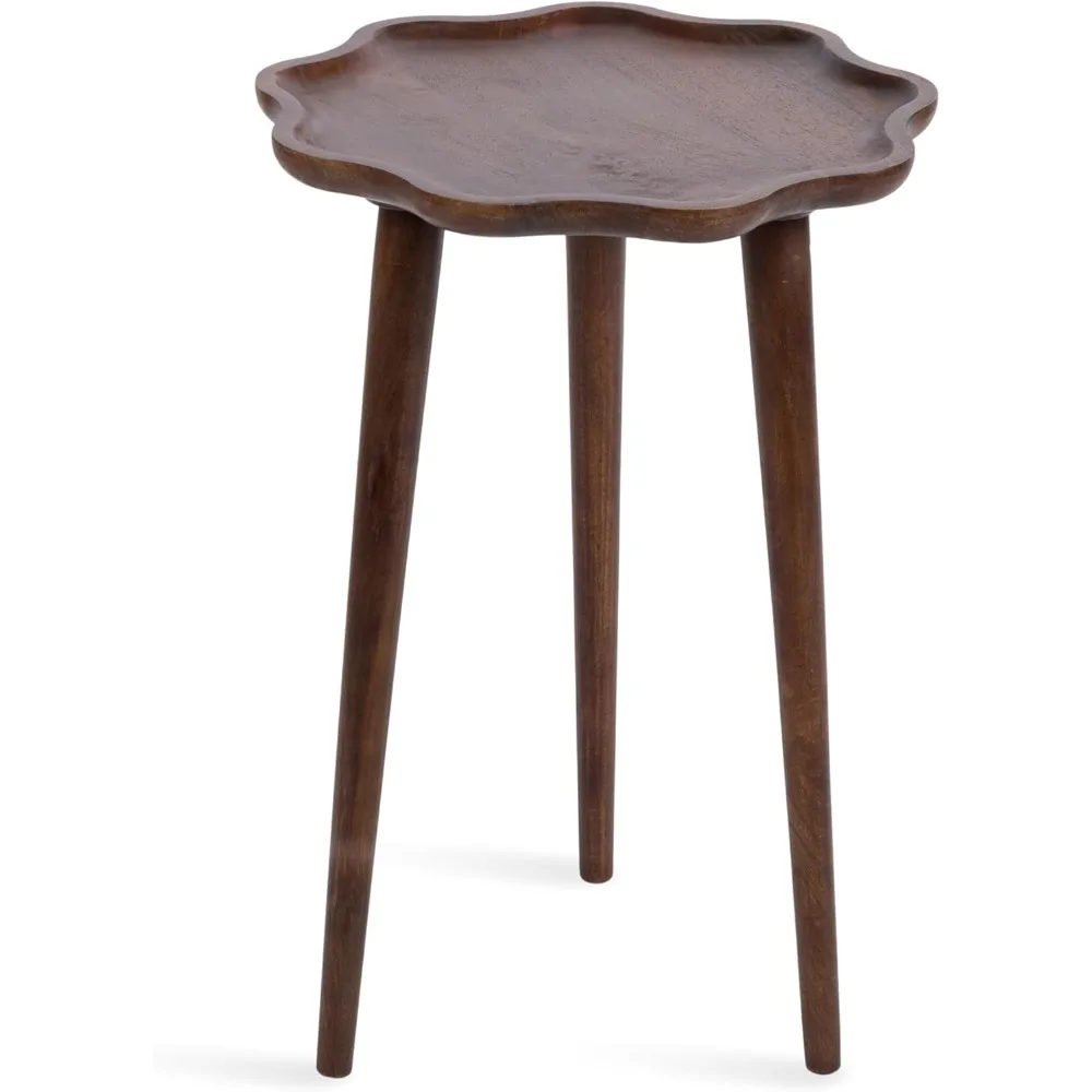 طاولة جانبية مستديرة باللون البني الجوز في منتصف القرن، 15 × 15 × 22، خشب متين بحافة مموجة