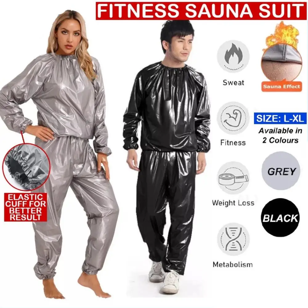 

Sport Suit Men Women PVC Sauna Suit Elastic Waist Weight Loss Summer Men's Top Pants Set Long Sleeve Sweat Suit Fitness Clothing