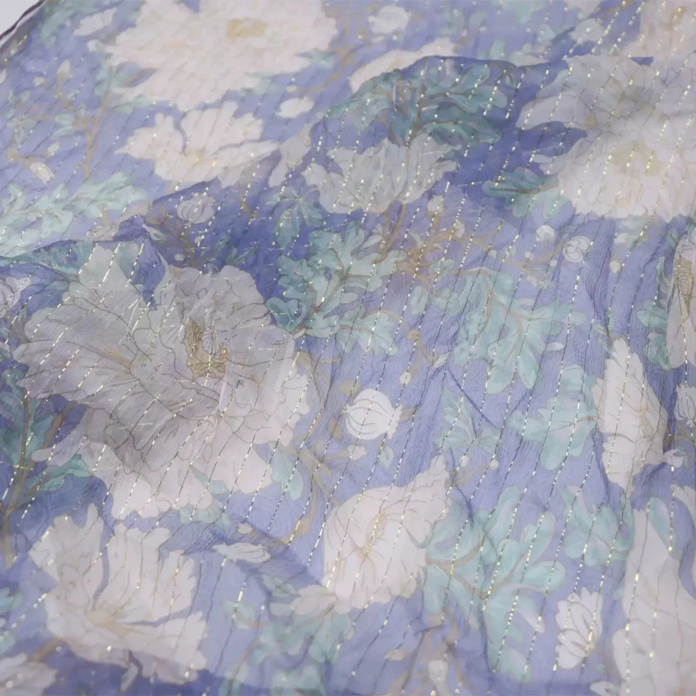 Nice Newest Blue Base White Flowers Gold Lines Shiny Silk Metallic Fabric Light Weight for Women Girls Hanfu Dress Cloth Scarf