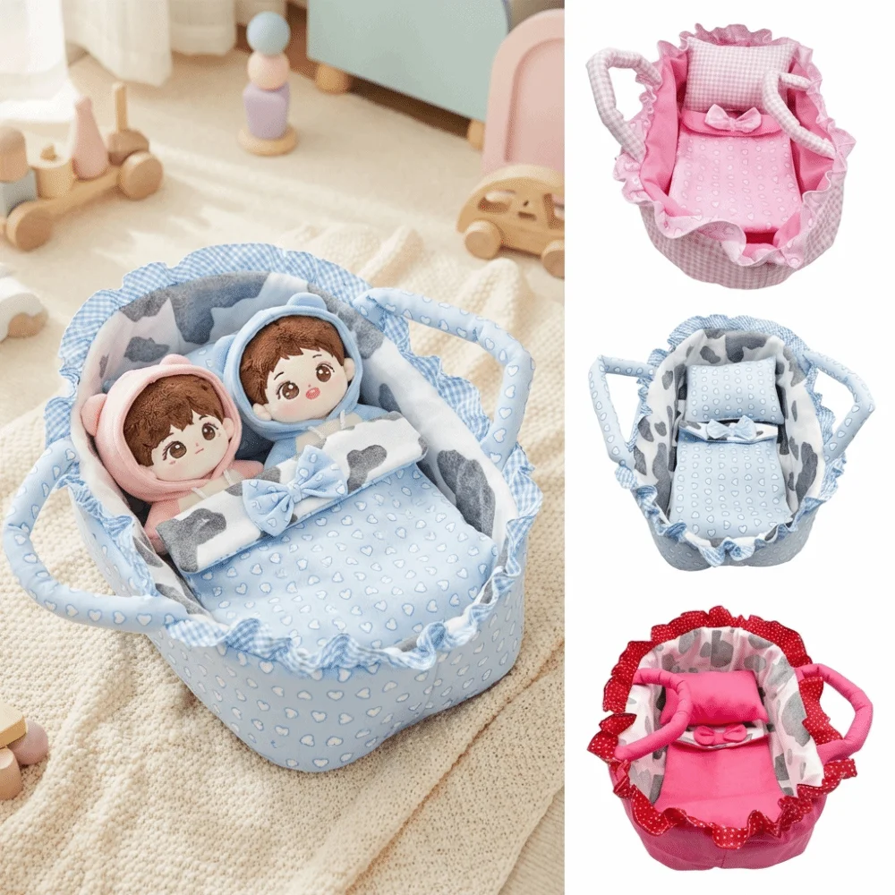 

Hand-pull Design Doll Basket Pink Gingham Ruffled Design Dollhouse Accessories Washable Material Soft Pretend Play Toys
