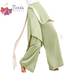 Lady's Fairy Classical Dance Pant Wide Leg Chiffon Flowy Pants With Long Belt Contrast Color Modern Dancer Practice Basic Wear