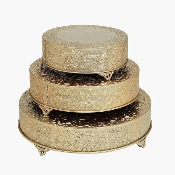 Round Gold Embossed Metal Cake Stand Dessert Display Plateau for Weddings Events – Oven & Dishwasher Safe, Easy Clean Polished Finish
