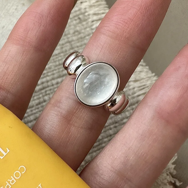 

S925 Sterling Silver Korean Version Niche Design Feeling Water Foam Jade Ring Retro Fashionable Simple Wholesale