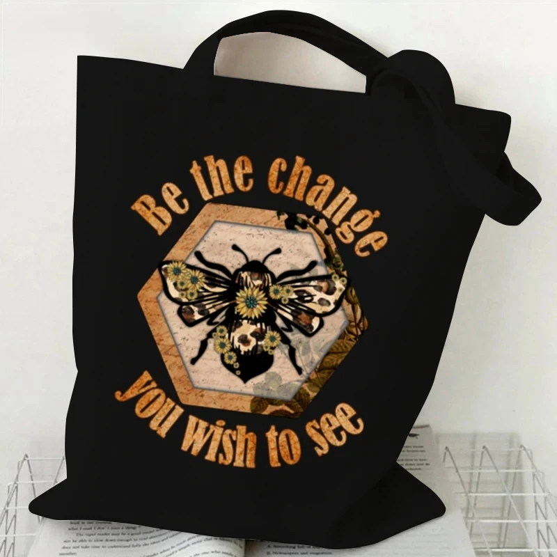 Queen Bee Flower Tote Handbag Black Canvas Handbag Student Single Shoulder Bag Gift Large Shopping Bag Canvas Cosmetic Bags