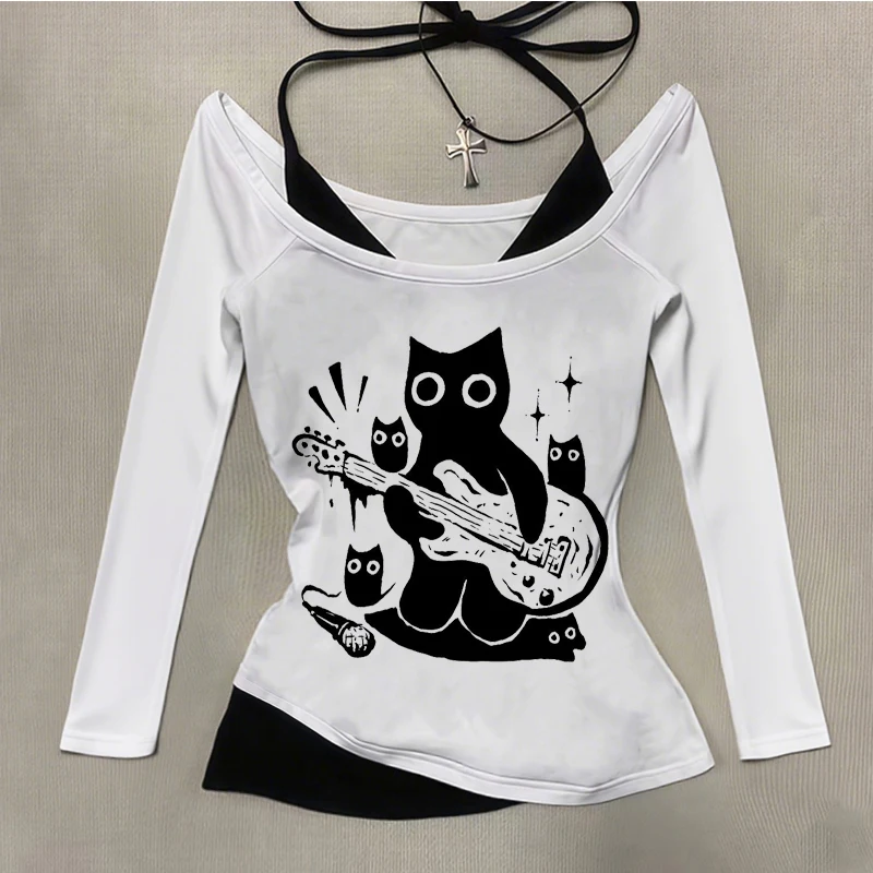 

European and American style fake two Easter guitar playing cat pattern long sleeved T-shirt tie up top 90s Gothic punk Harajuku