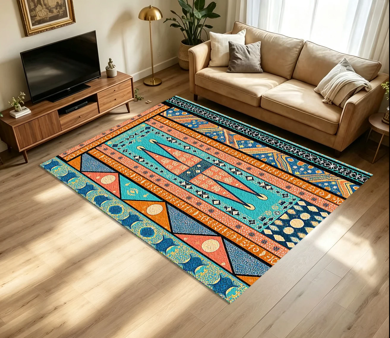 Bohemian Tribal Border Carpet Flooring Retro Orange Teal Ethnic Geometric Arrow Ornament Seamless Pattern Printed Floor Rug for Household Indoor Boho Home Decoration