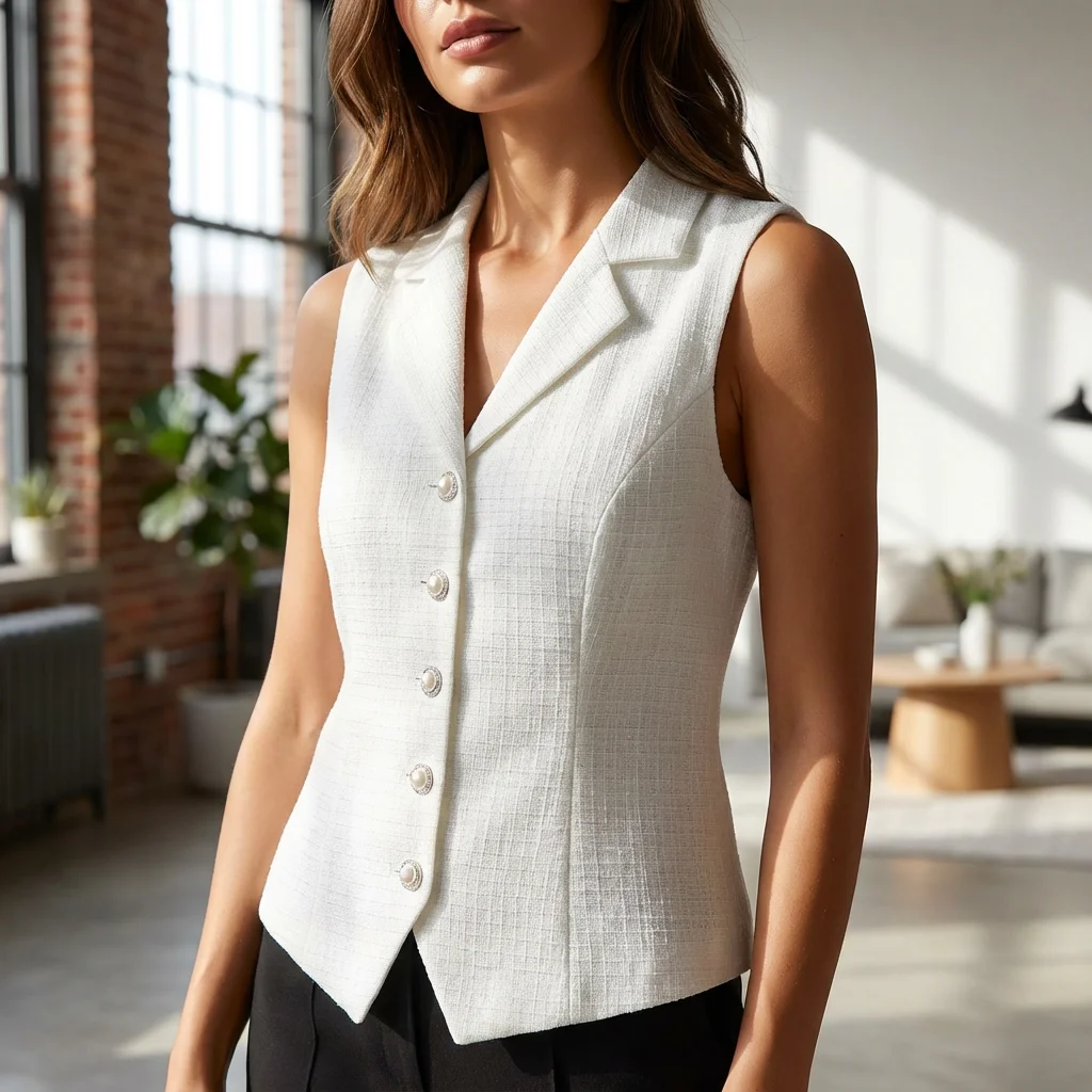 سترة تويد بيضاء أنيقة للنساء، سترة بدون أكمام على الطراز الكوري مع أزرار لؤلؤية أنيقة، بلوزة للسيدات للمكتب للربيع والصيف #6