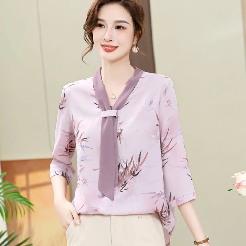 

Fashion V-Neck Printed Lace Up Elegant Floral Blouses Women's Clothing 2024 Summer New Loose All-match Tops Office Lady Shirts