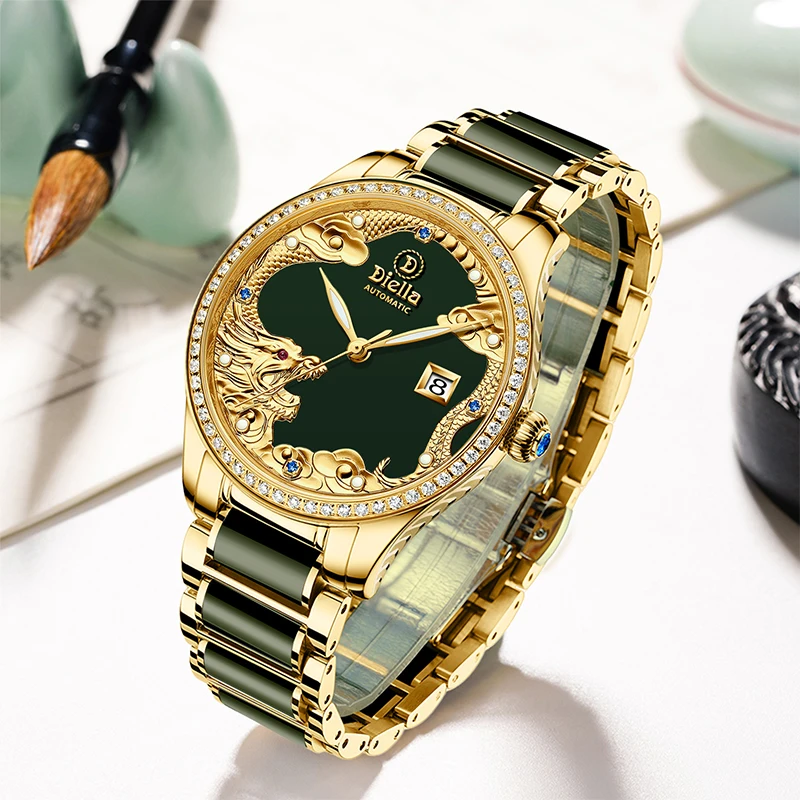 Mens Mechanical Watches Top Brand Luxury 3D Dragon Jade Dial 50M Waterproof Luminous Sapphire Cz Diamond Gold Bracelet Date