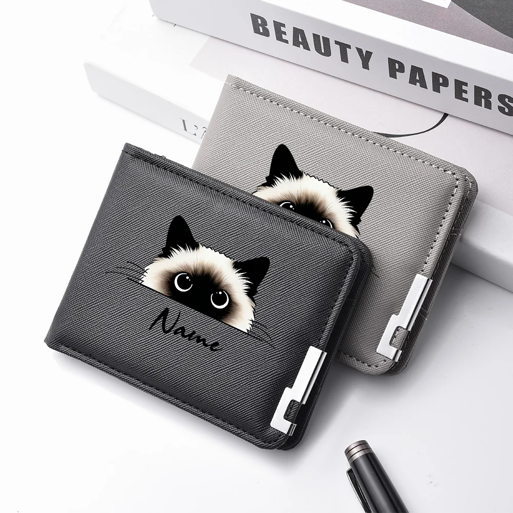 Fashionable Short Double-Fold Wallet With Cute Siamese Cat Pattern - Personalized Men's Multi-Functional Wallet