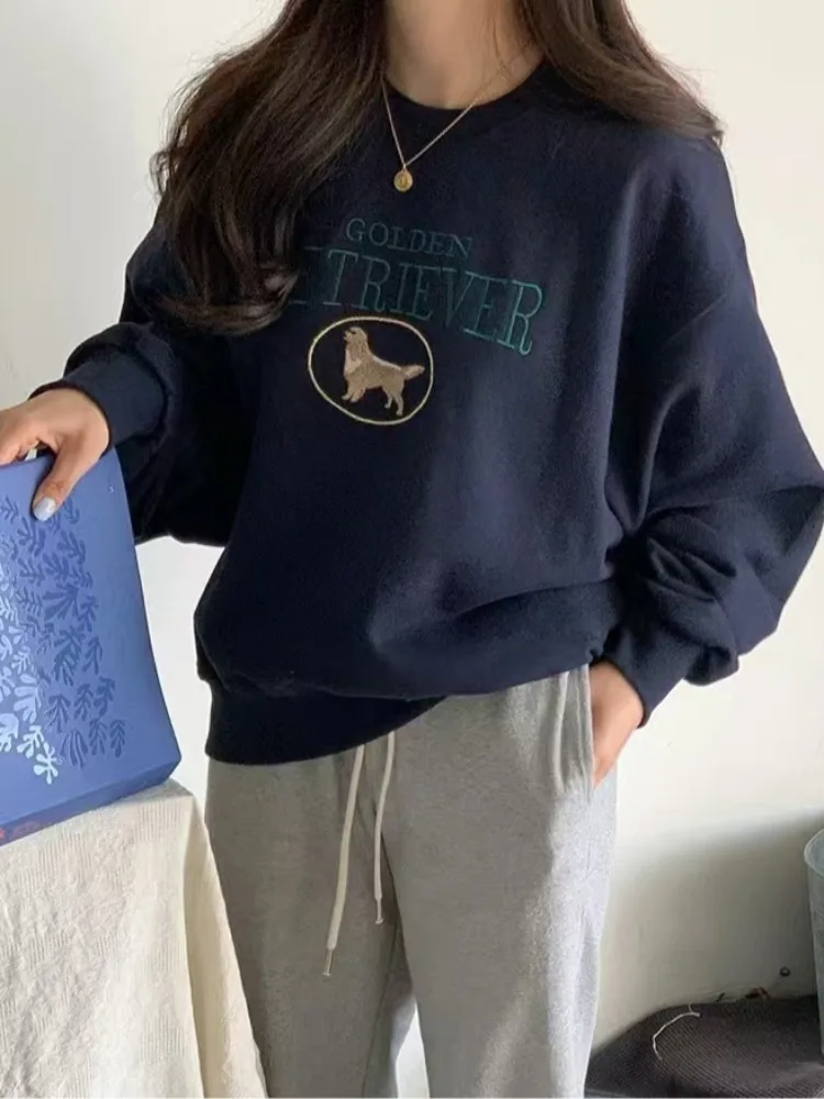 Ele Autumn Lazy Sle ronde Ne Overhead geborduurde letter Heavy Work Long Sve Sweatshirt dames losse pasvorm comfortabel