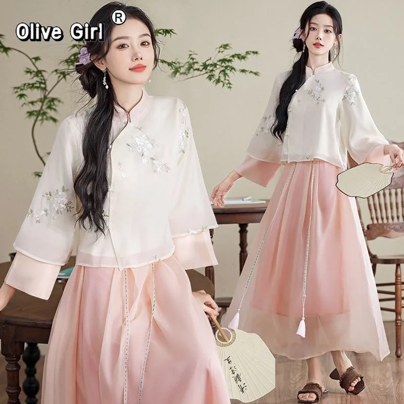Olivegirl Chinese Embroidery Shirt Stand Up Collar Retro Short Sleeve Top Improved Ethnic Style Half Skirt Set Women's Clothing
