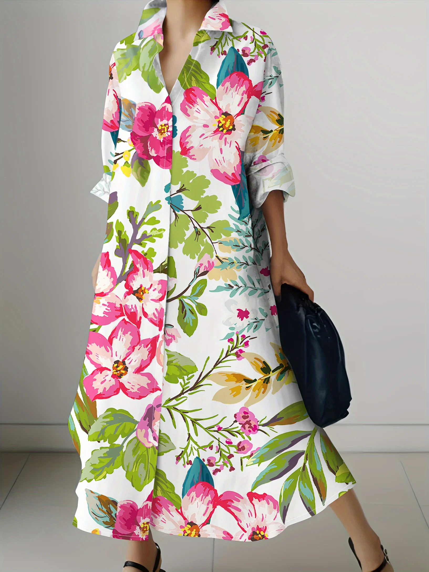 Rotes Blumenmuster Langarm-Kleid Urlaubsstil Sommerkleid Damen A-Linien Midikleid Lässig Locker Sitzend Grünes Baummuster