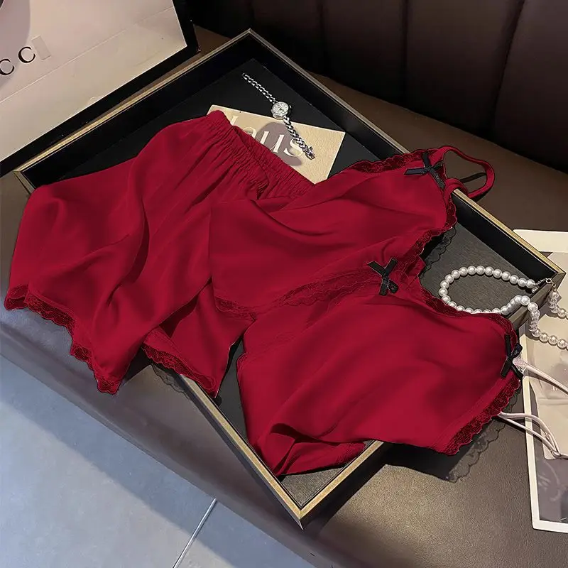 Set Piyama Wanita Mode V Leher Satin Babydoll Renda Lingerie Seksi Ikatan Simpul Baju Tidur Selempang Tidur dan Set Celana Pendek Pakaian Tidur