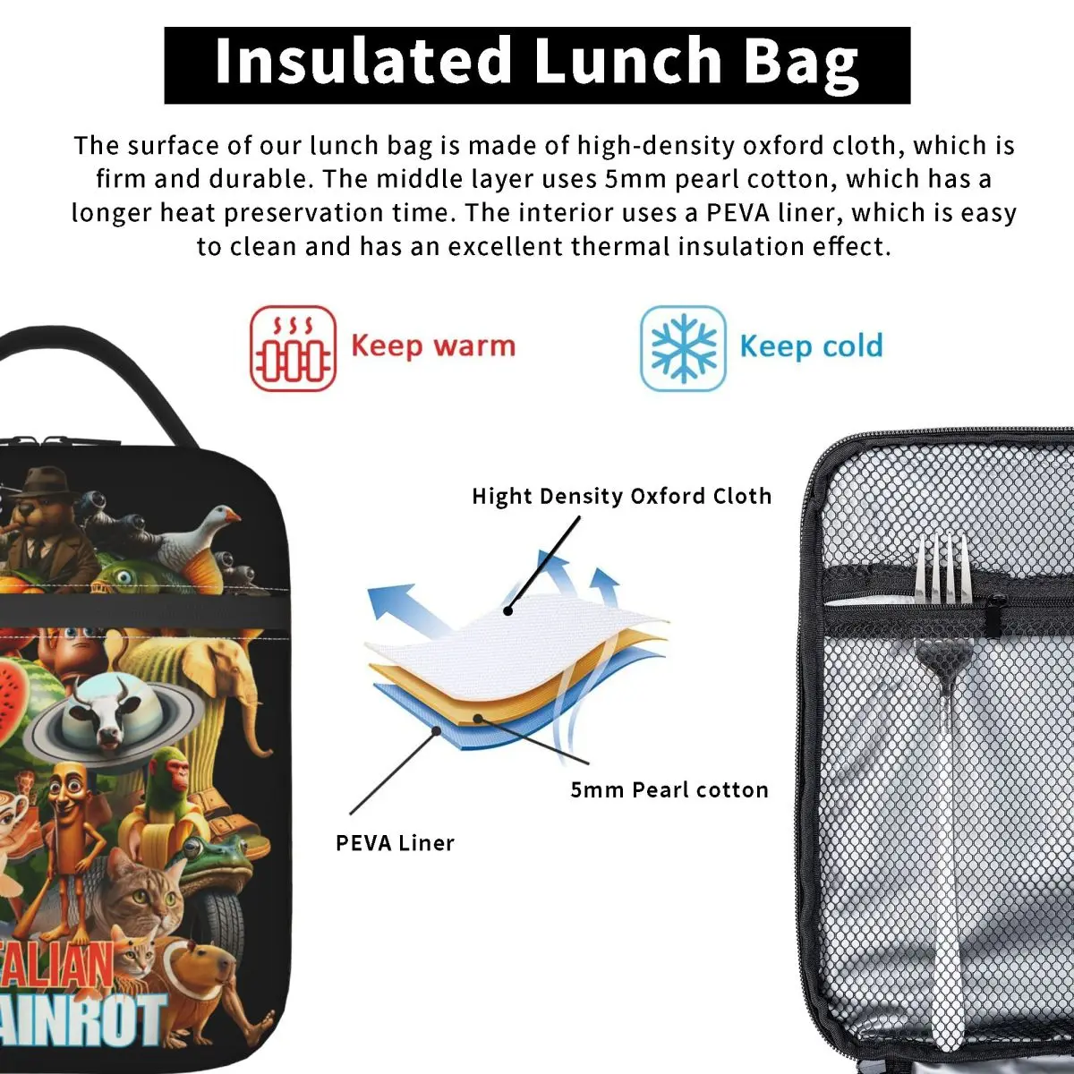 الإيطالية Brainrot الفيروسية ميمي الكولاج معزول حقيبة الغداء برودة الغداء الحاويات عالية السعة علب الاغذية حمل الغذاء حقائب اليد المدرسة