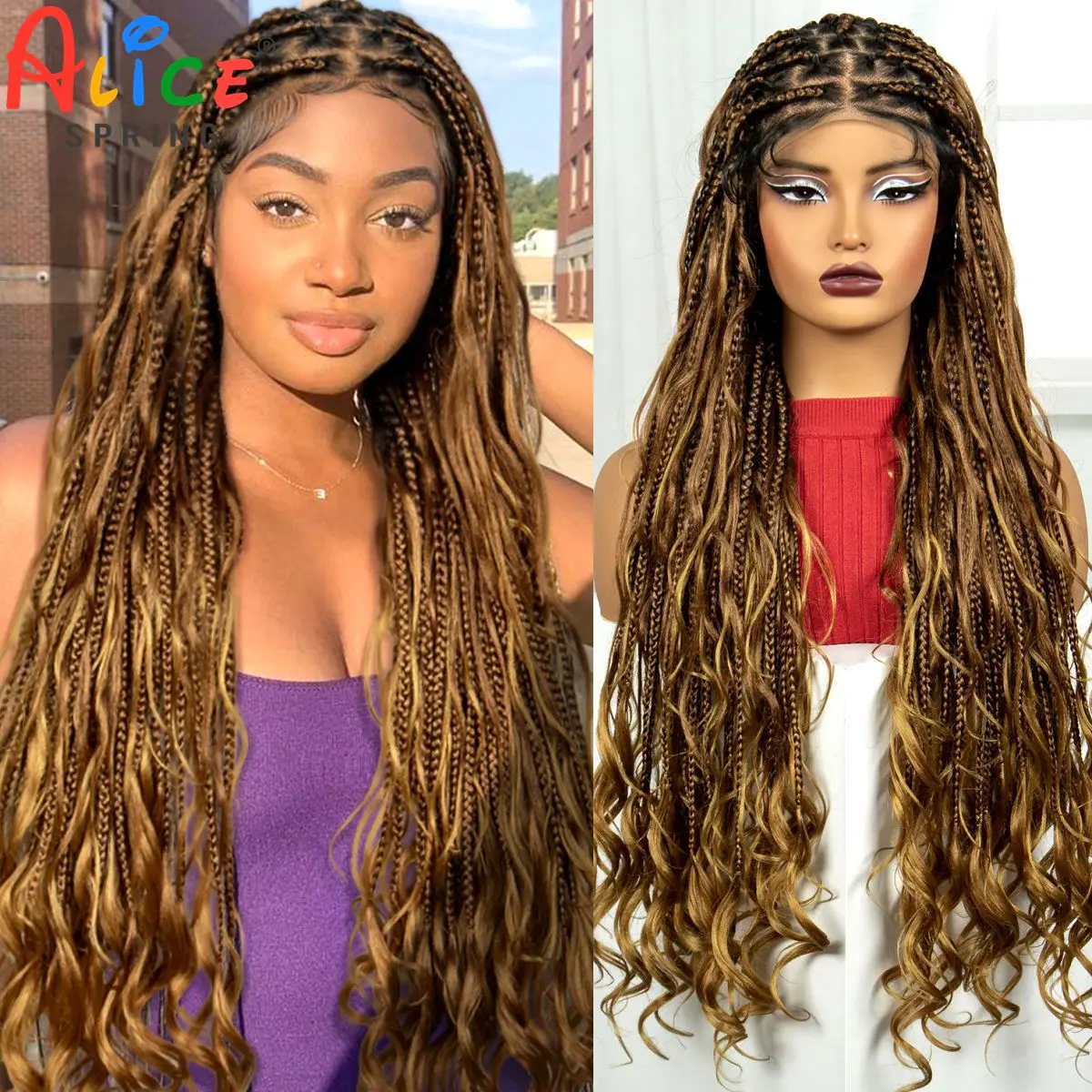 

34Inch Honey Brown Boho Braids Wigs with Wavy Ends Synthetic Full Lace Knotless Box Braided Wigs for Black Women