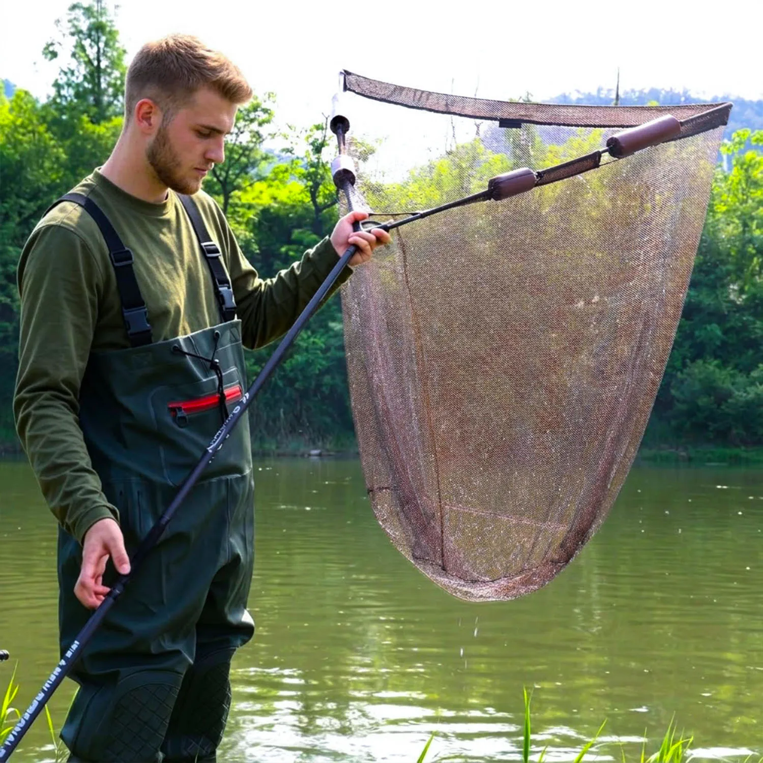 SOUGAYILANG Großes schwimmendes Karpfen-Angelkeschernetz, gummibeschichtetes Netz, Kohlefasergriff, schnell abnehmbares Netz mit 4 Schwimmern – Detail 12